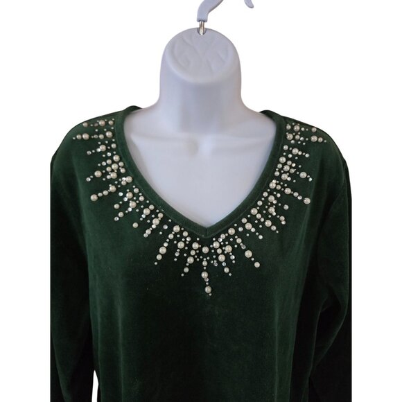 Quacker Factory Green Velvet Top With Pearl Accents bling holiday grannycore - Picture 3 of 6